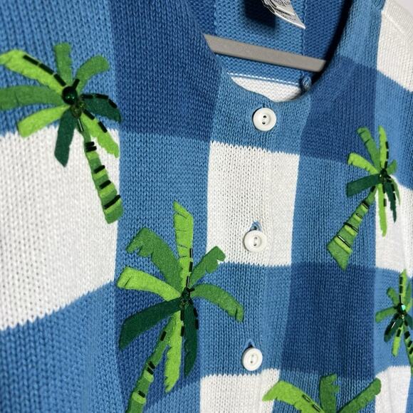 Vintage Talbots Sweater Womens XL Cardigan Patchwork Palm Trees Cable Knit 90s - Picture 6 of 13